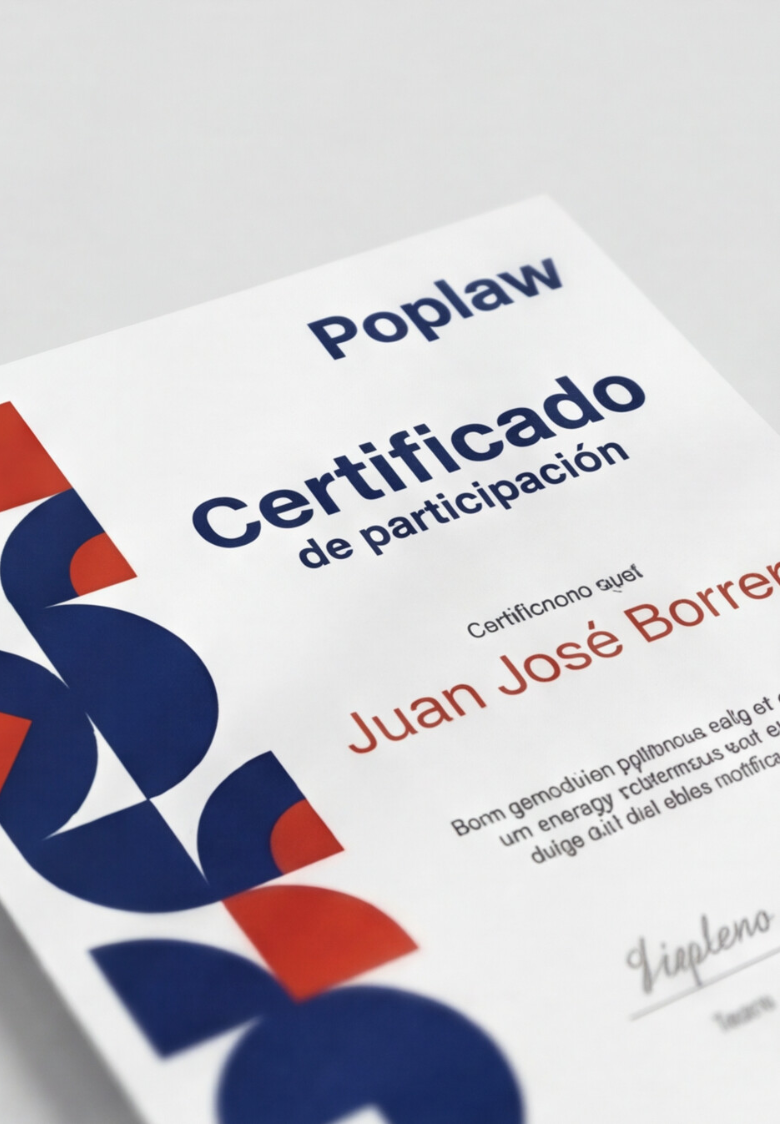 Mockup vertical del certificado PopLaw en primer plano