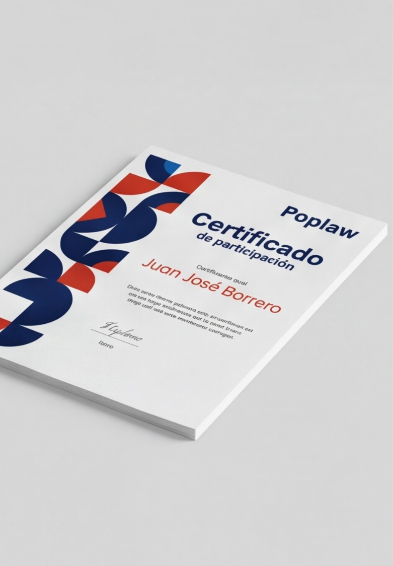 Mockup del certificado PopLaw en perspectiva sobre mesa