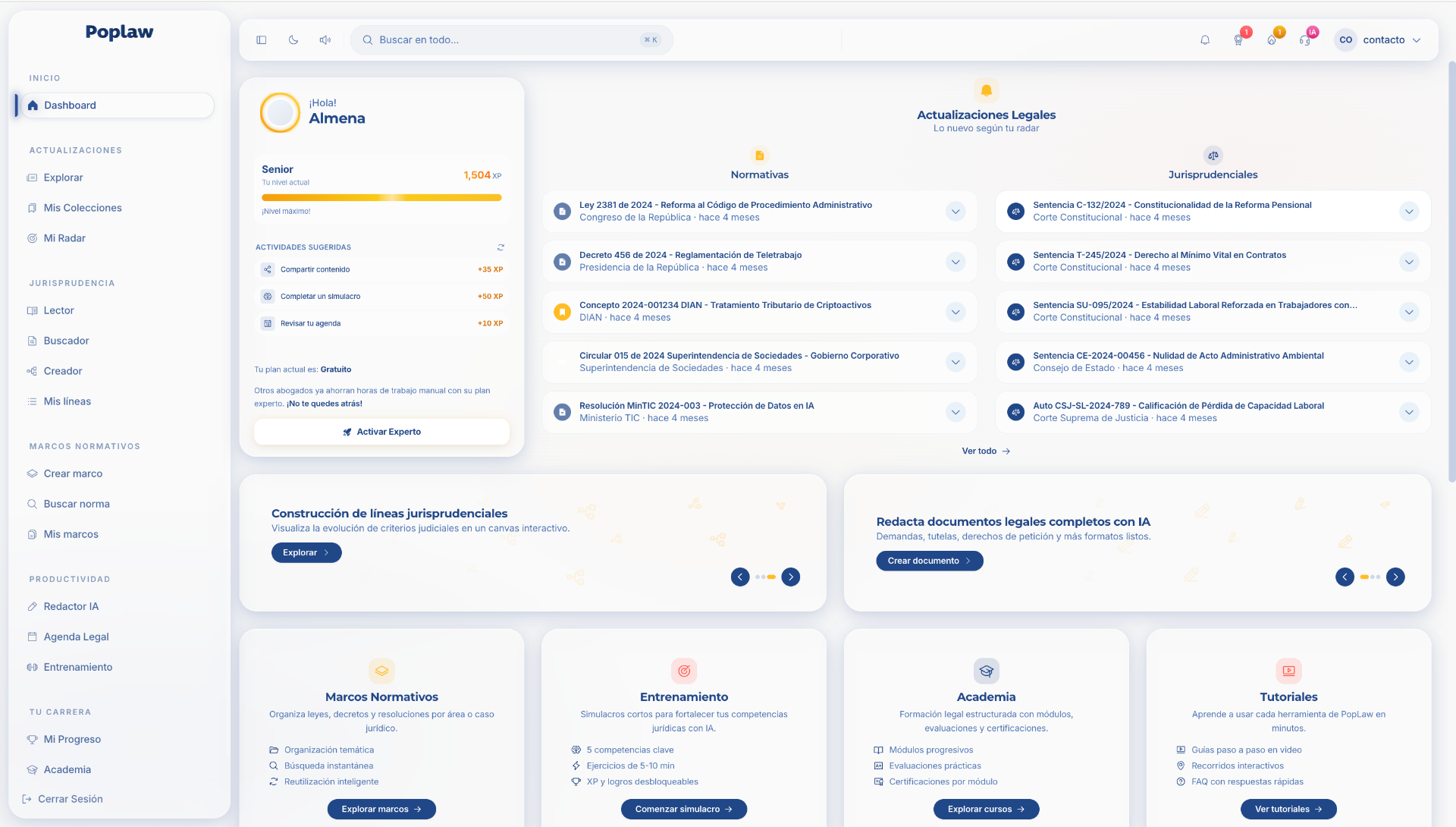 Vista previa del dashboard de Poplaw